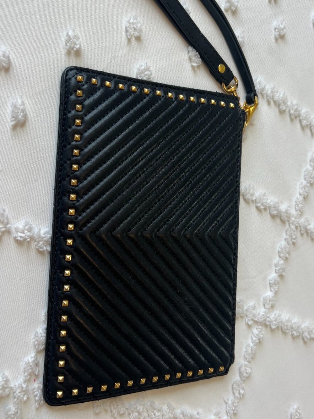 Rebecca Minkoff Black and Gold Studded Zipper Chevron Wristlet